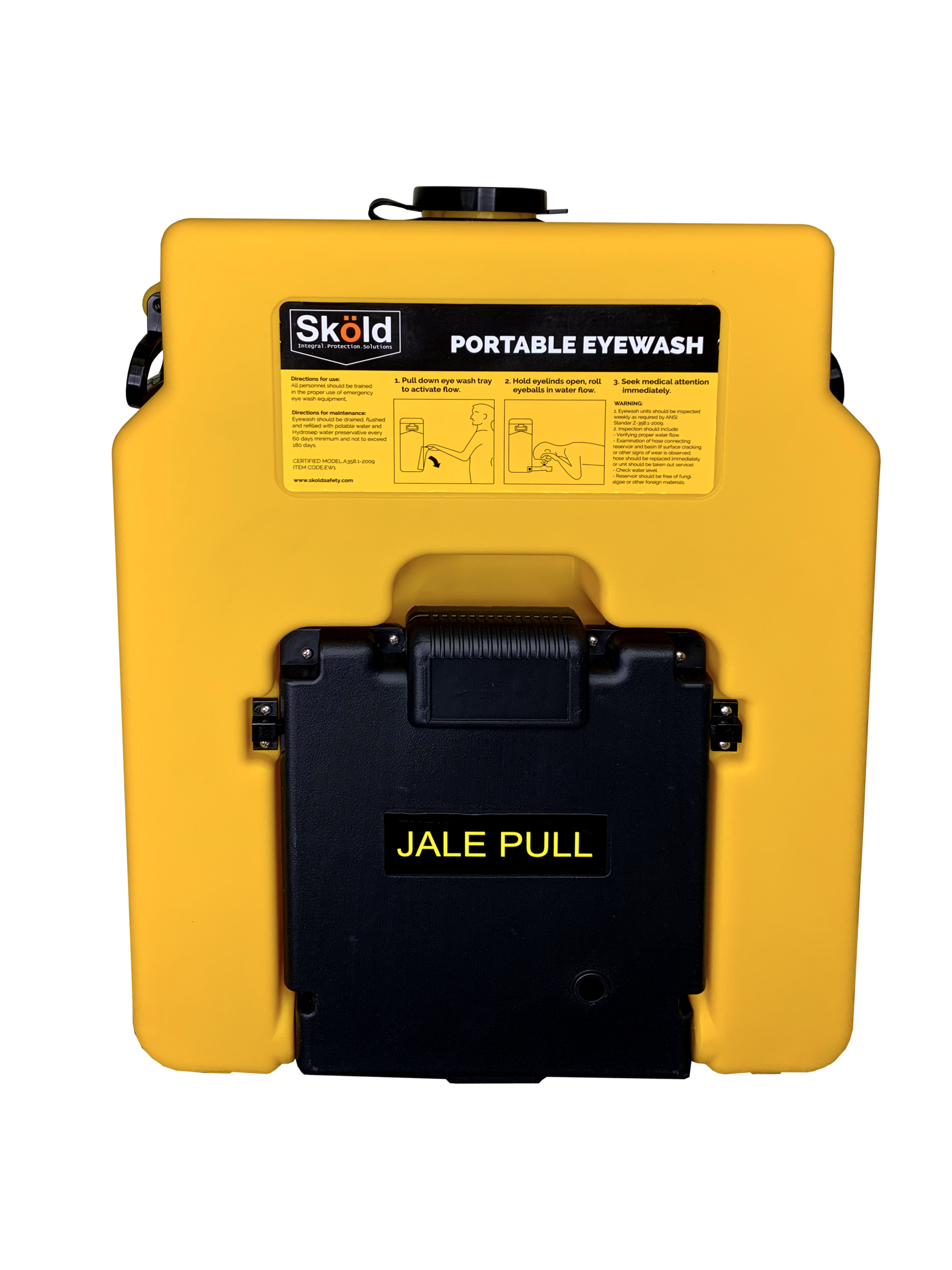 Lavaojos portátil amarillo con charola JALE PULL, vista trasera, Sköld Safety