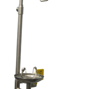 Regadera de pedestal con lavaojos de acero inoxidable, vista completa, Sköld Safety